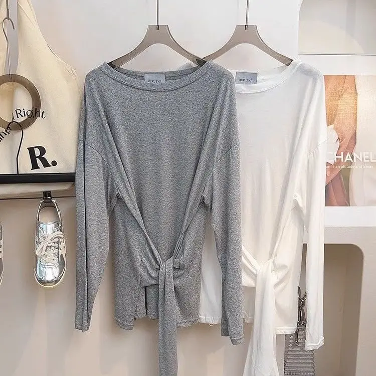 Design Sense Knot Fake Two-Piece Sunscreen T-Shirt Women Summer Autumn Loose Waist-Cinching Lightweight Long Sleeve Top Trendy