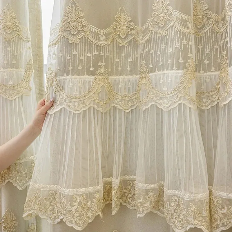 

French Lace Double-layer Curtains for Living Room Light Luxury Embroidered Fabric and Gauze Integrated Custom White Pink Tulle