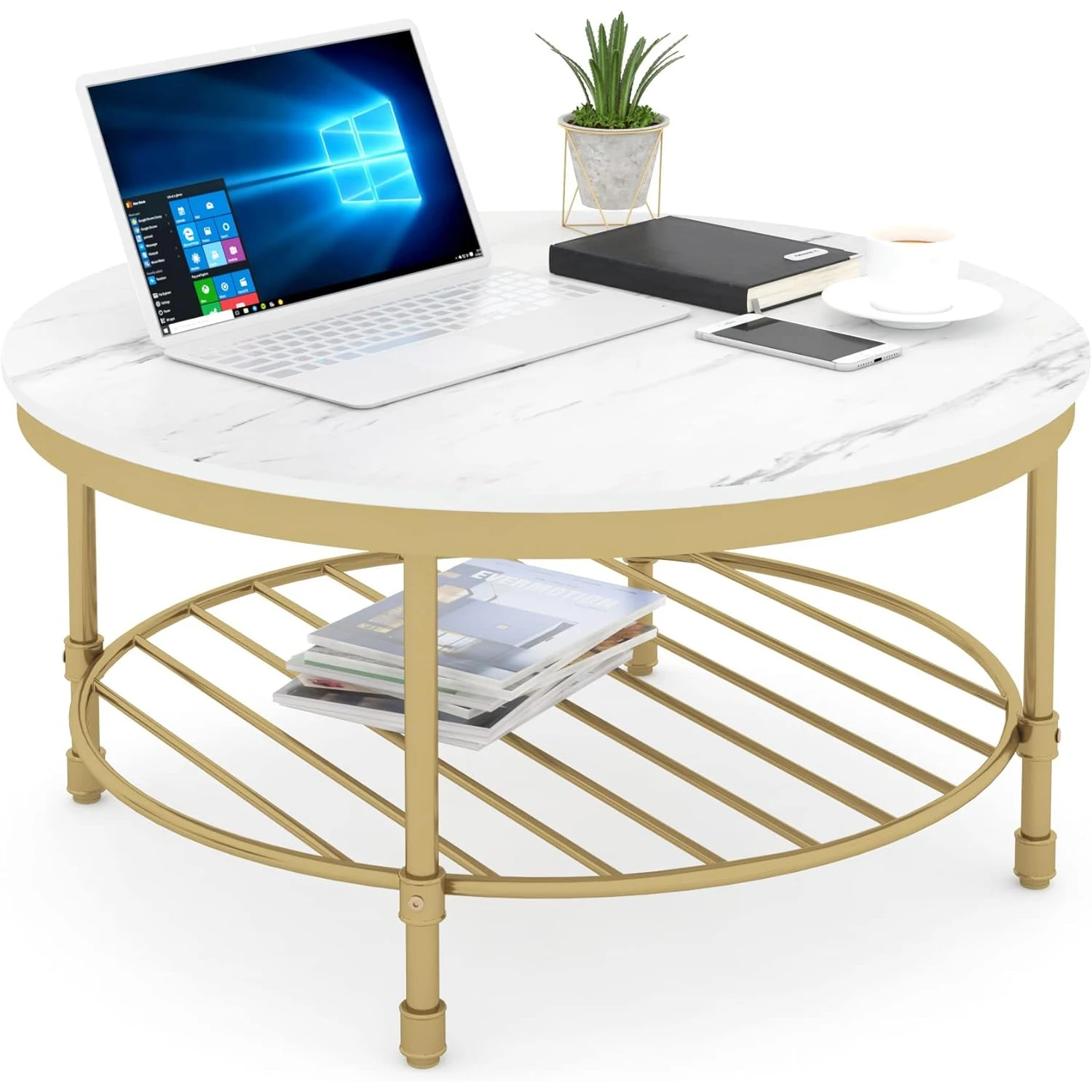 Mesa de centro redonda de 2 niveles, mesa de centro industrial con estante abierto para almacenamiento para sala de estar, mármol blanco con marco dorado