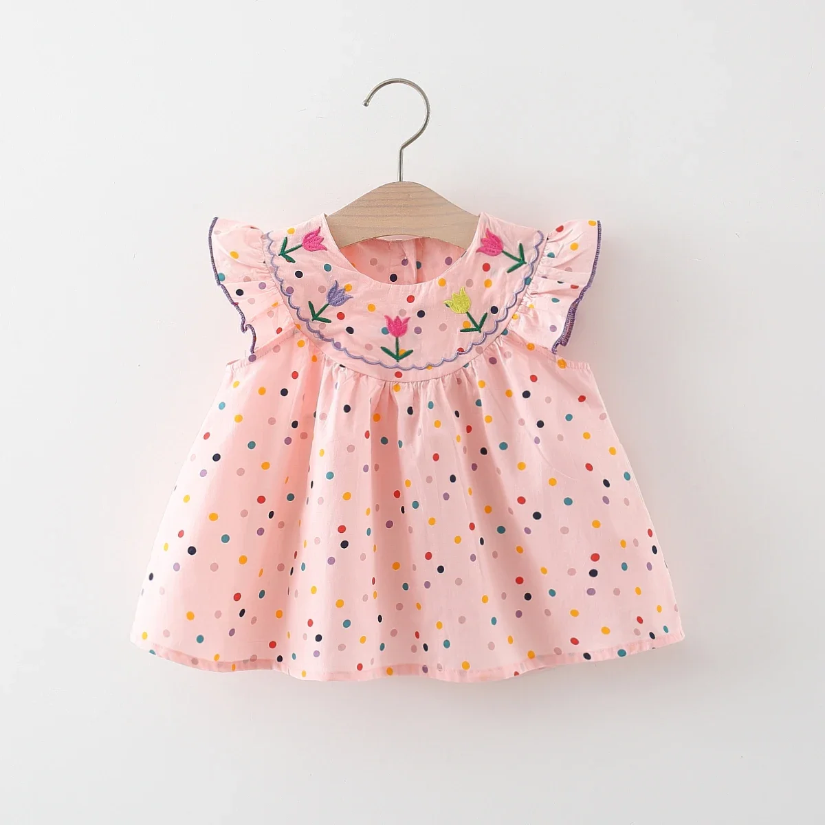 

Summer New Floral Embroidery Baby Girl Dress, Colorful Polka Dot Ruffle Sleeves Children'S Clothing For Babies Aged 0-3 Years