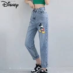 Disney Trendy Cartoon Mickey Printed Jeans for Women New Korean Spring and Autumn High Waist Slim Denim Harlan Crop Pants