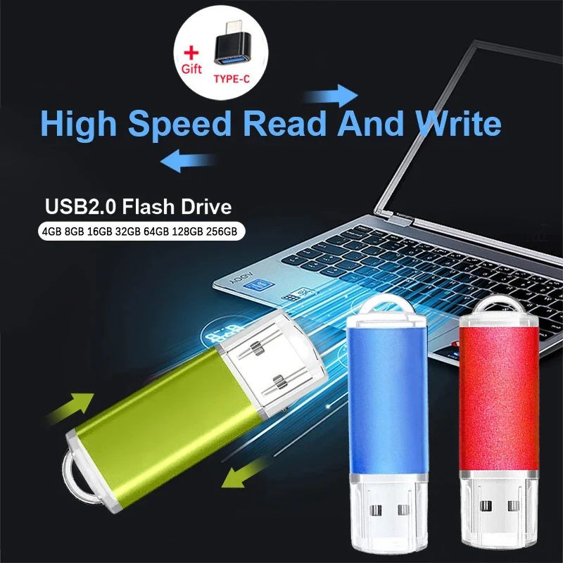 Мини-USB флэш-накопитель 4 ГБ, 8 ГБ, 16 ГБ, 32 ГБ, 64 ГБ, крошечный 2,0 флэш-накопитель, 128 ГБ, металлическая флэш-накопитель, 256 ГБ, адаптер типа C, подарки