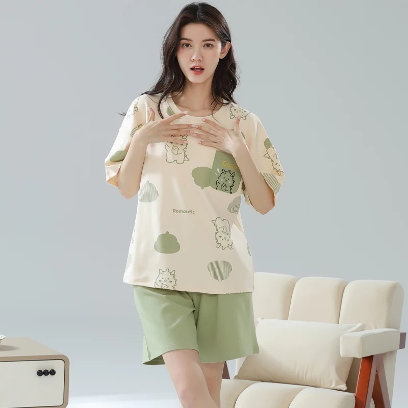 Women's Cotton Pajama Set - Short Sleeve Top and Shorts, Printed