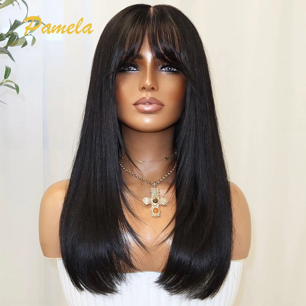 

Brazilian Bone Straight Pre Cut Hair Wig With Bangs 100% Human Hair 13x6 Lace Front Wig Pre Plucked Wigs For Women For Clearance
