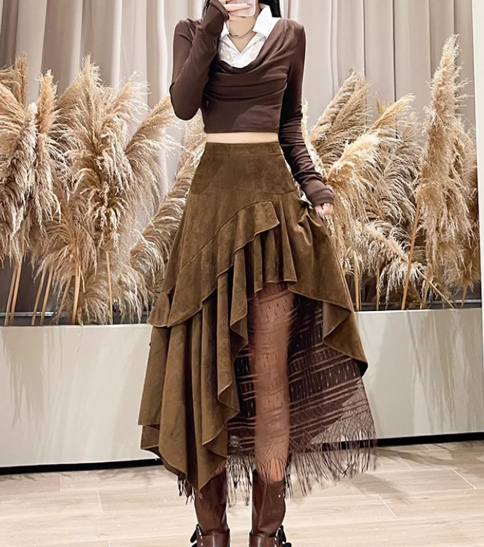 女性秋冬甘いフリルレーススプライシングレジャースカートハイウエスト A ライン不規則な韓国ルーズ多用途ストリートスカート