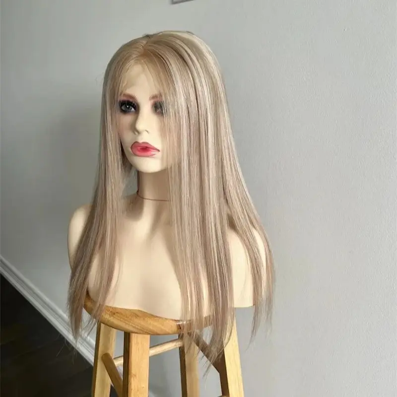 شعري طبيعي مقطّع مسبقًا 13x4 أشقر رمادي مع أشقر بلاتيني Balayage شعر مستعار صناعي بدون صمغ عالي الدقة بدانتيل أمامي متوسط الحجم