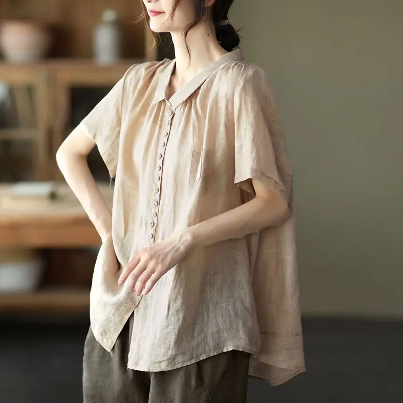 Fashion Lapel Button Pockets Solid Color Casual Shirts Women\'s Clothing 2024 Summer Loose Korean Tops Short Sleeve Blouses