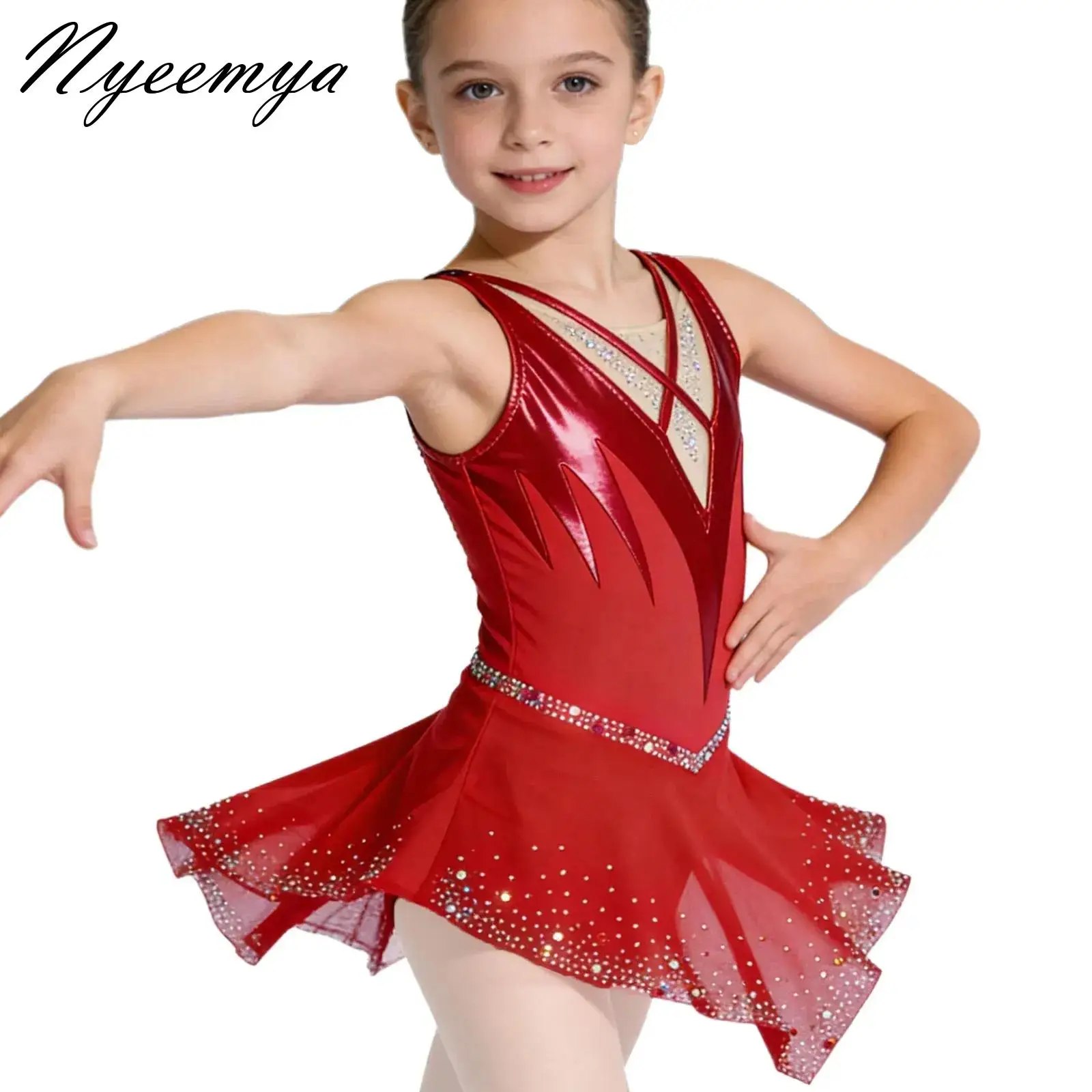 

Artistic Figure Skating Ballet Lyrical Dance Dress Kids Girls Rhinestone Rhythmic Gymnastics Dance Dress with Built-in Briefs