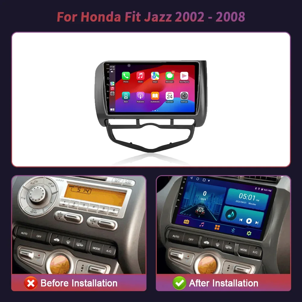 For Honda Fit Left Rudder AT Jazz 2002-2008 Wireless Android 14 Car Radio Multimedia Navigation 4G GPS 2 Din Carplay Screen