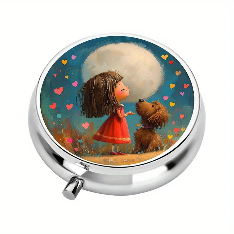 1 pill box with 3 compartments, featuring a cute girl and moonlit puppy theme, mini pill container, pill organizer, portable travel style, unique gift