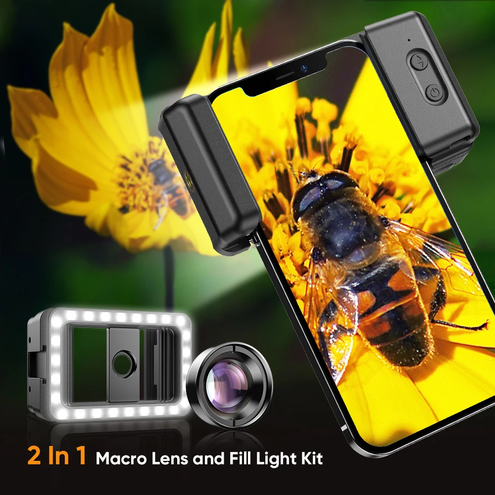 APEXEL 4K HD Macro Lens With Clip LED Light  Type-C Charging For Phone Photography Lente Attachment Vlog Video Recording