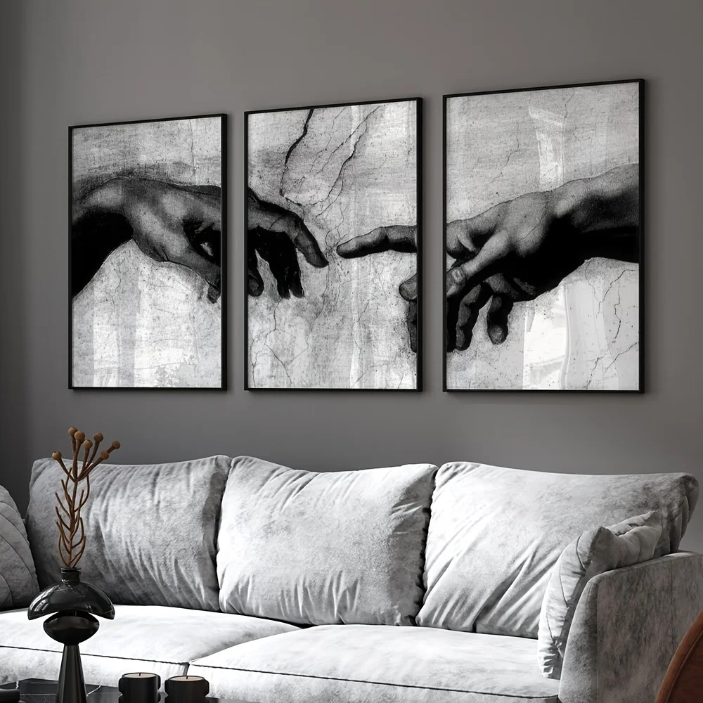 3pcs Unframed Vintage Black and White Hand of God Religious Retro Canvas Wall Art Modern Poster Bedroom Decor Holiday Gift