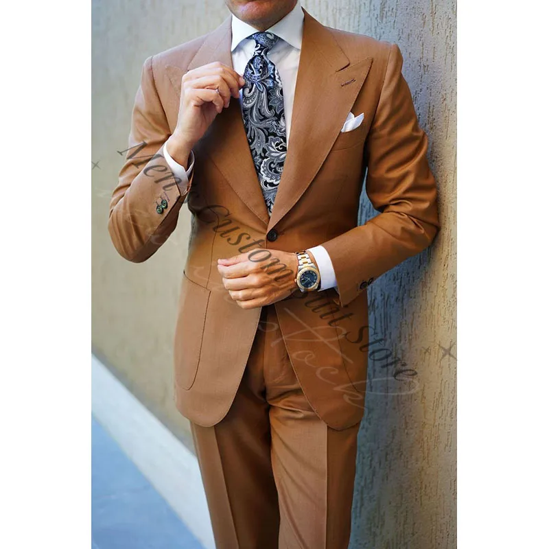 

Brown Suits For Men 2 Pieces Elegant Bespoke Two Buttons Peaked Lapel Wedding Tuxedo Bridegroom Tailor Made Blazer Jacket+Pants