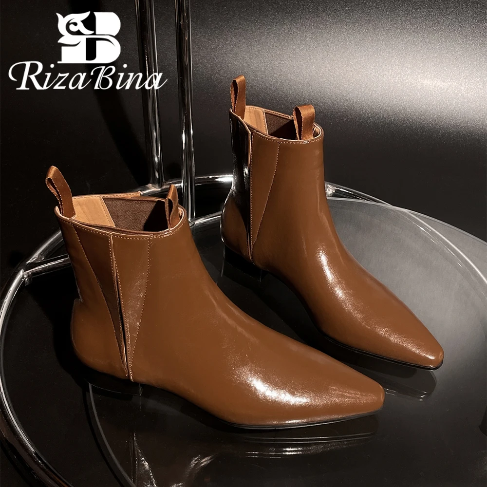 

RIZABINA Genuine Cow Leather Women Chelsea Boots British Style Pointed Toe Slip On Ankle Boots Fashion Concise Daily Short Boots