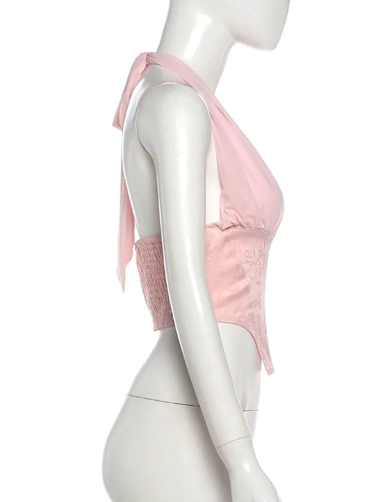 Nibber 2-teiliges Set für Damen, Neckholder, Patchwork, Fischgrätenmuster, unregelmäßiger Saum, tiefer V-Ausschnitt, Weste + Faltenrock aus Mesh mit Quasten (lang), sexy, schicker Anzug – Detail 4