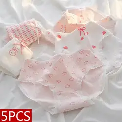 5Pcs/Set Cotton Underwear Cute Bow Girls Briefs Women's Panties Breathable Underpants Female Sexy Lace Lingerie M-XL Hot Sale