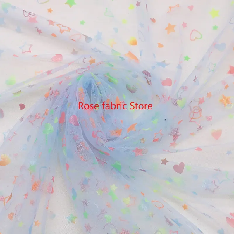 lace fabric soft mesh tulle for Girl Dress Colorful fluorescent love heart star printing