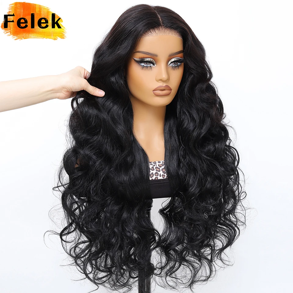 

28 Inch Black T Part Lace Wigs for Women Long Synthetic Wavy Wig Middle Part Glueless Pre-Plucked Curly Wigs for Daily Party Use