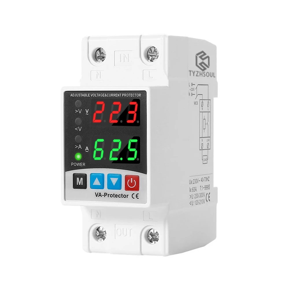 40A/63A 230V Din Rail Dual Display Breaker Adjustable Over Voltage Current and Under Voltage Protective Device Protector Relay