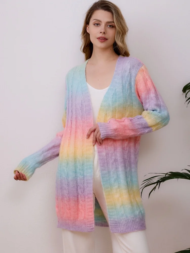 Women's Gradient Knit Cardigan V-Neck Oversized Long Sleeve Open Front Cable Knit Sweater Casual Lightweight Outwear