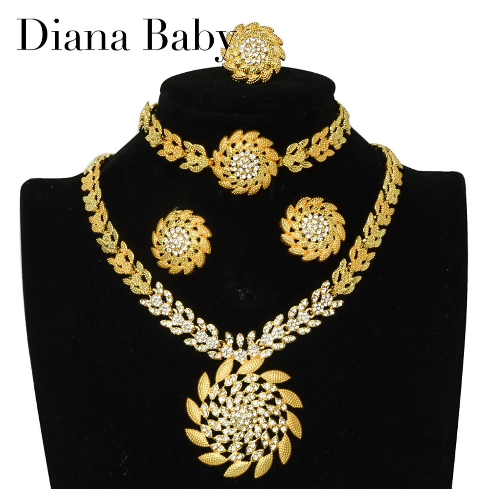 4 Pcs Set AAA Zircon Jewelry Dubai Gold Color Bracelet Necklace Ring Earring For Women Bridal Wedding Jewellery Accessories