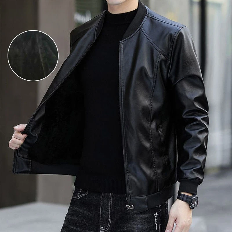 

Мужская зимняя теплая кожаная куртка, облегающее пальто-авиатор в корейском стиле с флисовой подкладкой, повседневная верхняя одежда ​