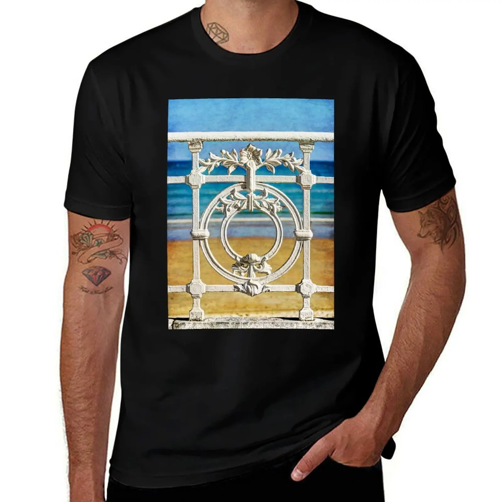 Concha Bay Railing in San Sebastian T-Shirt Work Wear Simple Tee Shirt T-Shirt