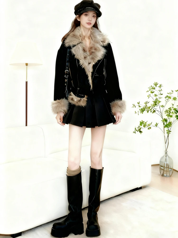 

Ele Bla комплект из двух предметов, женское осеннее пальто с воротником из искусственного меха, плиссированная юбка, свободная посадка, пышная юбка, женственная юбка