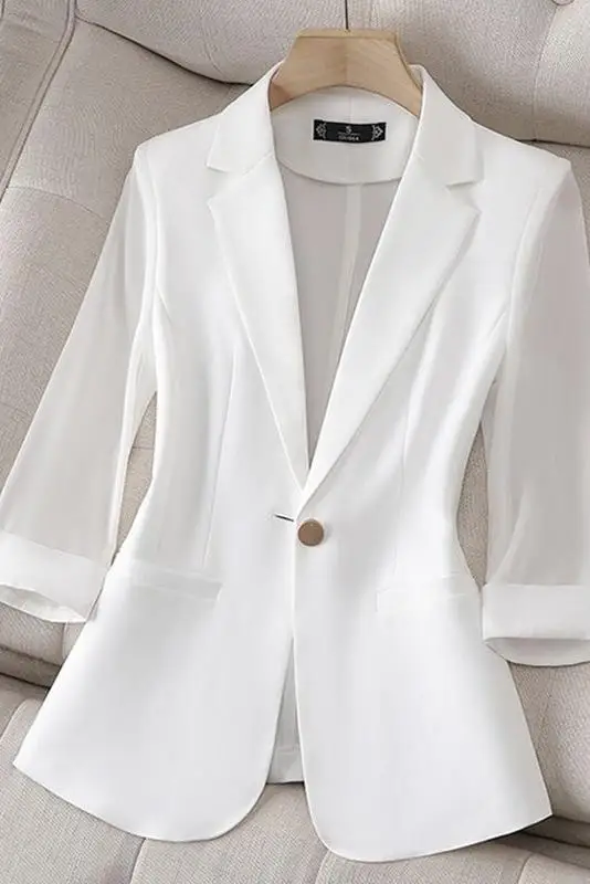 سترة شيفون بيضاء أنيقة كورية للسيدات صيفية 3/4 كم سترة خفيفة الوزن 2025 مقاس كبير بدلة مكتب أنيقة صغيرة معطف جديد