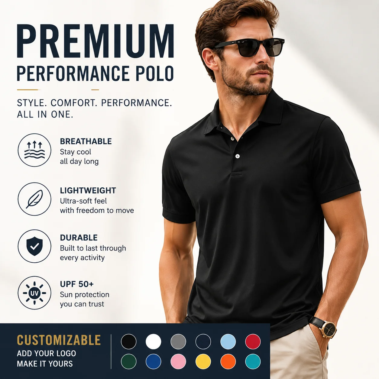 Custom Men's Polo Shirt - Personalized Short Sleeve Golf Polo for Men, Add Your Own Text & Logo, Premium Breathable Fit