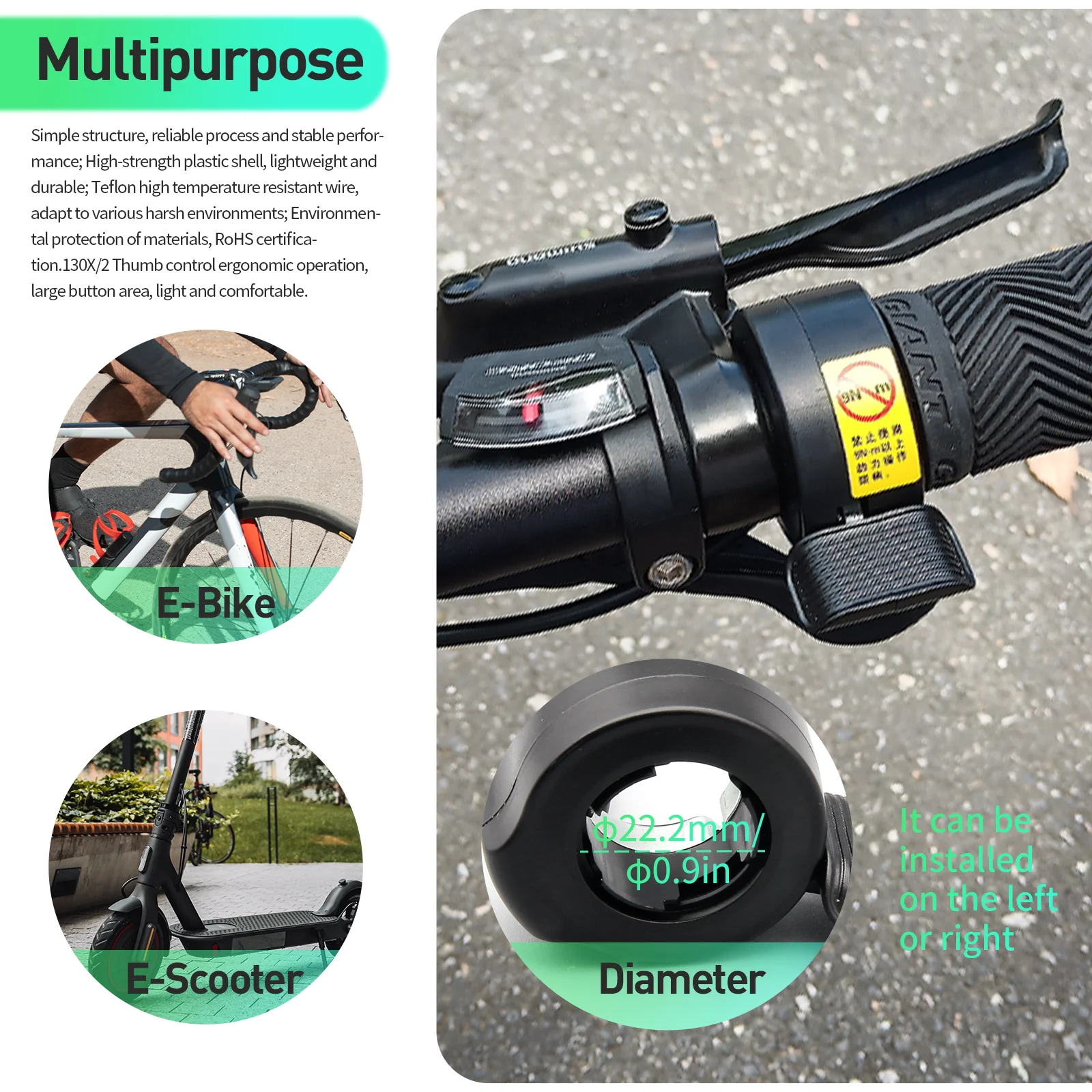 WUXING Palanca de dedo 130X Acelerador de pulgar Ebike 3 pines Impermeable/Enchufe SM Acelerador de pulgar de bicicleta eléctrica