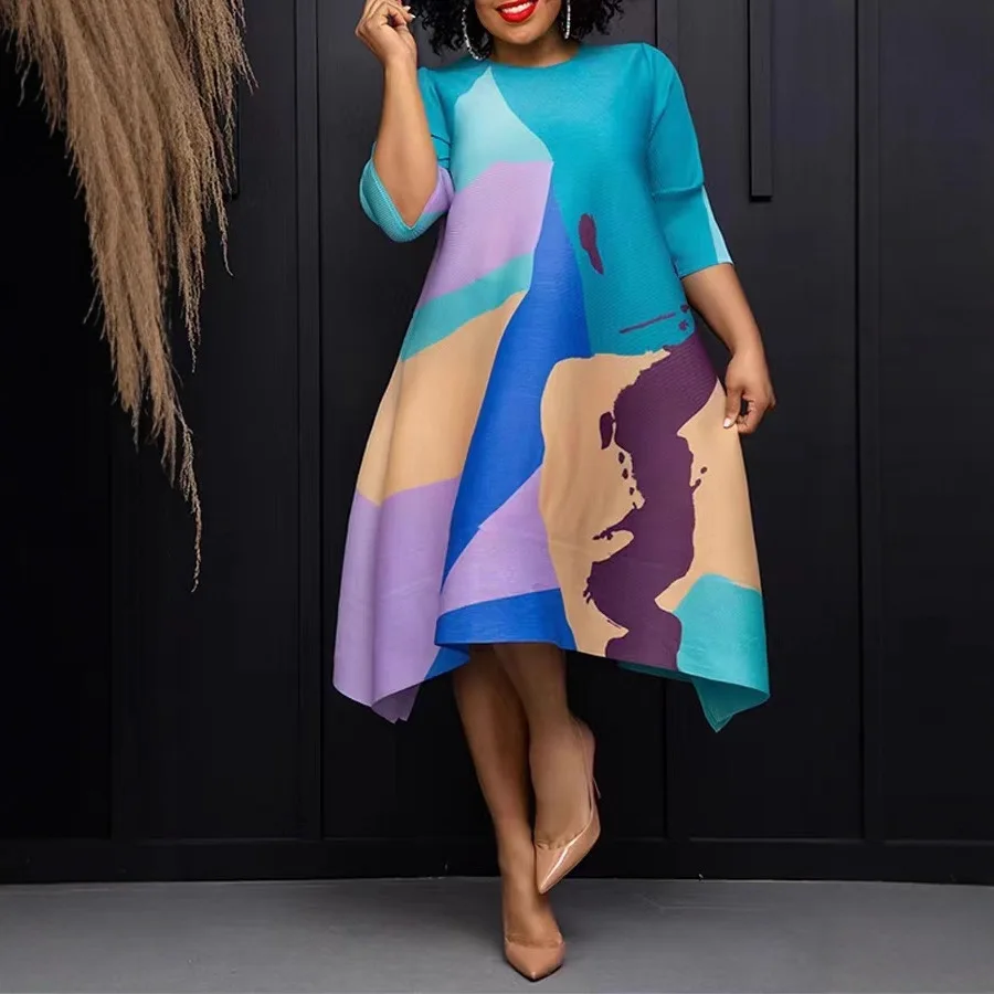 Women's Abstract Color Block Print Midi Dress Crew Neck 3/4 Sleeve Irregular Hem Loose Swing Casual Plus Size Ladies Dress