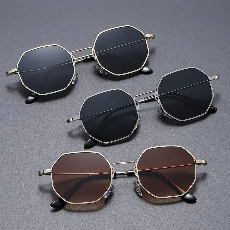 Women Retro Octagonal Sunglasses Thin Metal Frame Gradient Lens UV400 Geometric Fashion Sun Glasses Streetwear Eyewear
