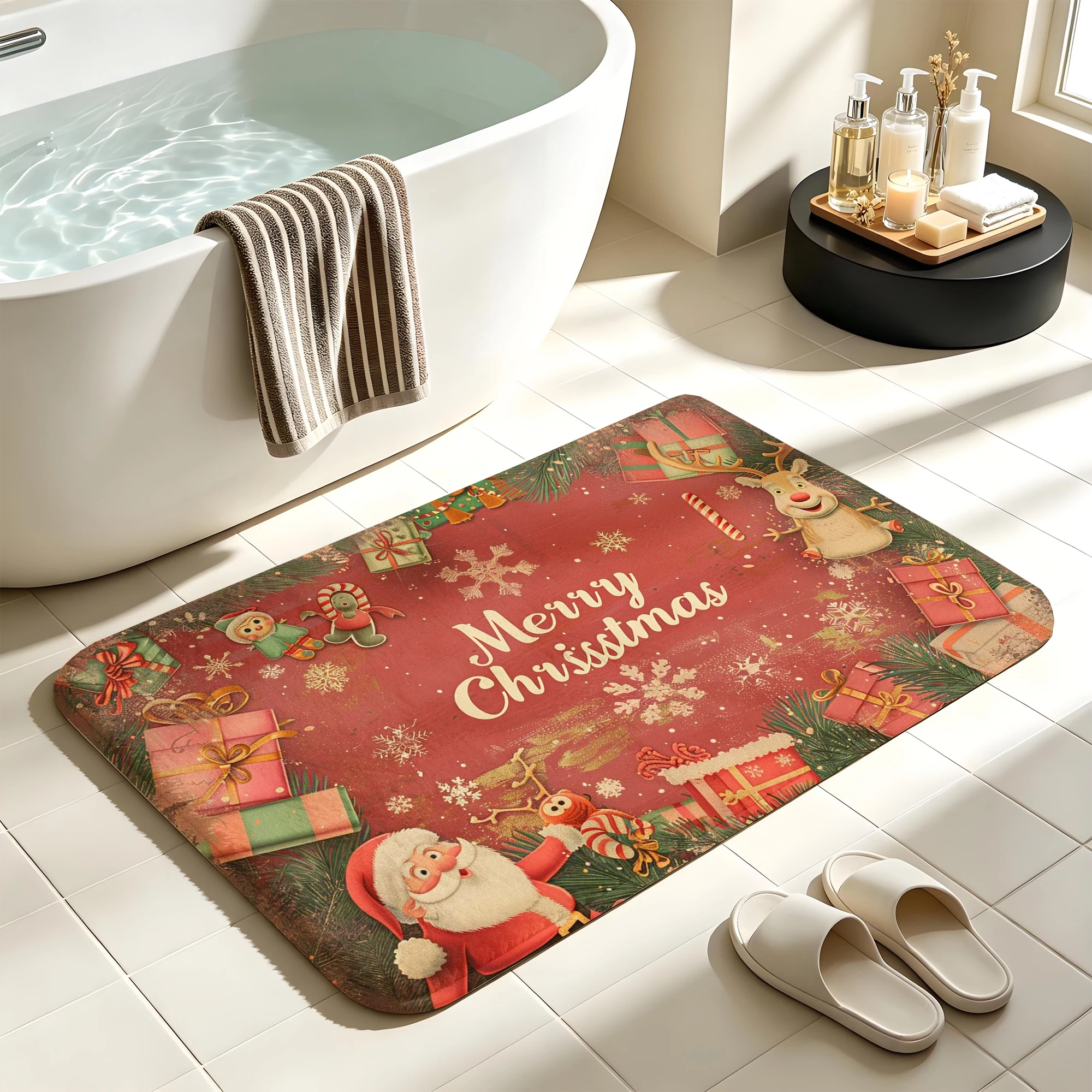 Vintage Santa Reindeer Elf Gift Print Plush Absorbent Sponge Mat,Bathroom Non‑Slip Mat & Decorative Door Mat