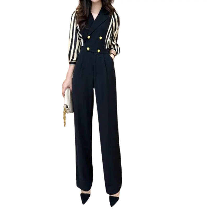 Spring Elegant Fashion Harajuku Slim Fit Female Clothes Loose Casual All Match High Waist Jumpsuit Stripe Straight Leg Pants