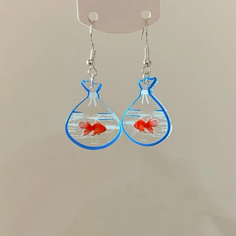 Acrylic Cute Goldfish Drop Earrings for Women Creative Design Full of Lucky Earrings Small Fish Animal Water Bag Hanging Pendant