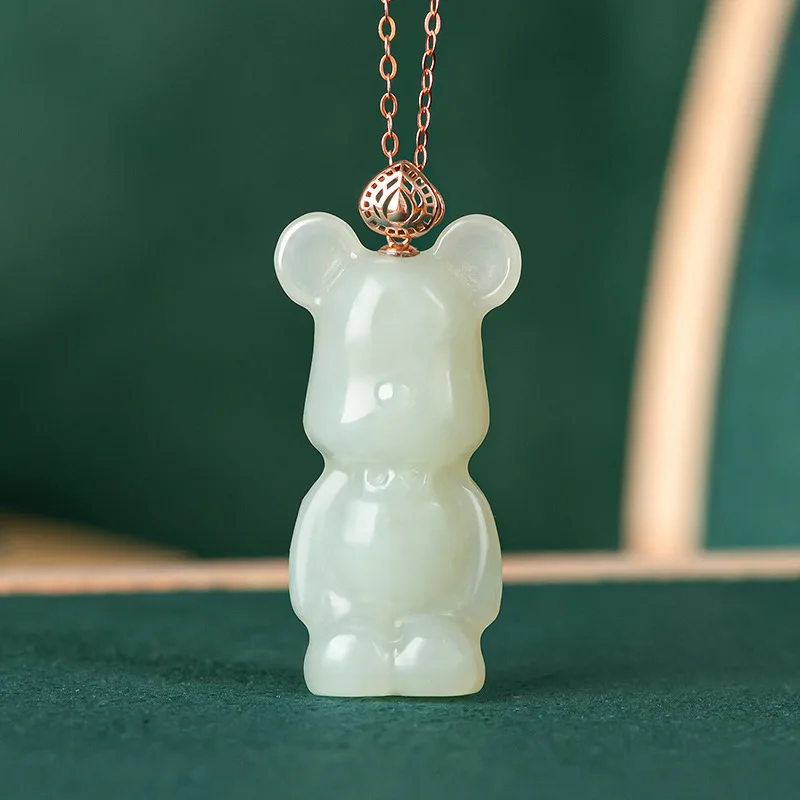 

Genuine Vintage Hetian Jade Teddy Bear Charm - 18K Rose Gold Plated Gemstone Pendant Necklace, Cute Unisex Jewelry Gift