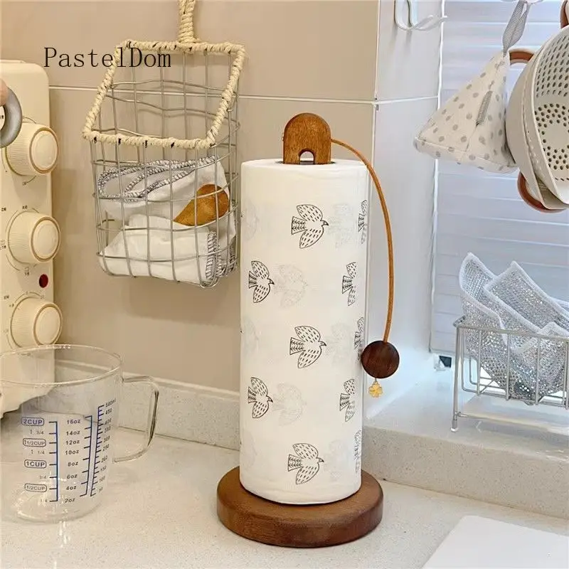 Wooden Vertical Paper Towel & Disposable Rag Holder, Acacia Wood Kitchen Tissue Reel Storage Rack for Counter Daily Use