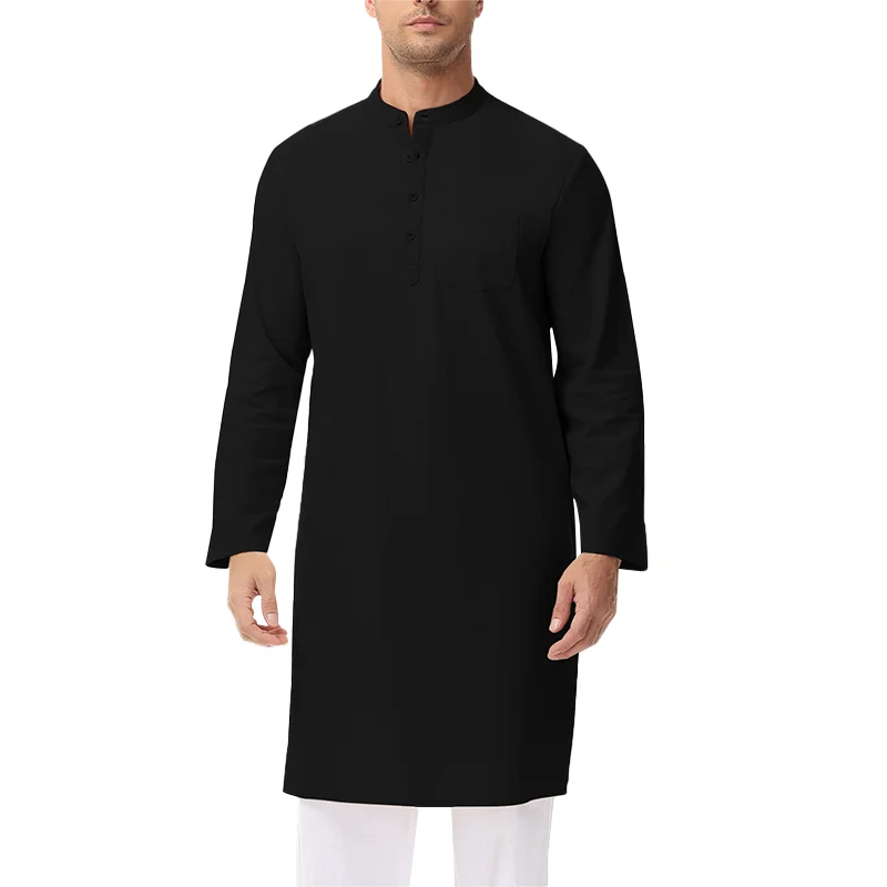 Cotton & Linen Indian Kurta robe men\'s robe long sleeved medium length shirt Arabic robe Middle East Saudi Muslim Robe