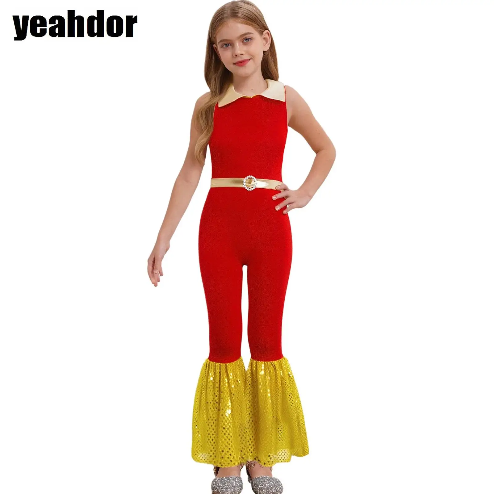 

Girls Sequin Dance Jumpsuit 60s 70s Hippie Costume Disco Diva Dancing Costume Sleeveless Metallic Bell-Bottomed Jazz Dancewear