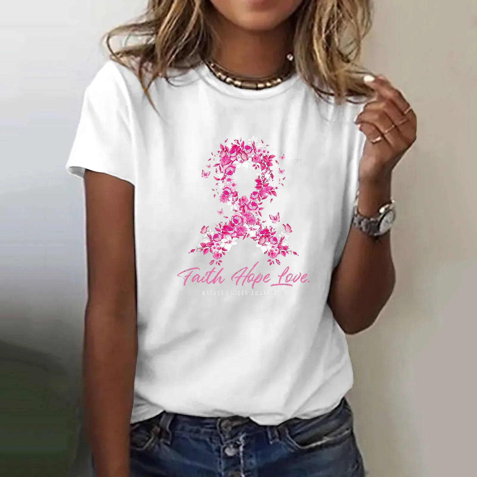 Ribbon Petal Print Pink October T-shirt Breast Cancer Awareness Graphic T Shirts Summer Short Sleeve Ladies Tees Tops