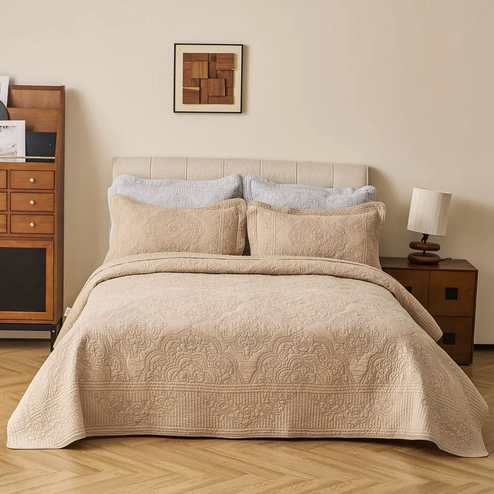 Embroidered Cotton Quilt Set 3-Piece Queen Size Bedspread on the Bed Quilted Blanket for Bed All Season Coverlet Comforter
