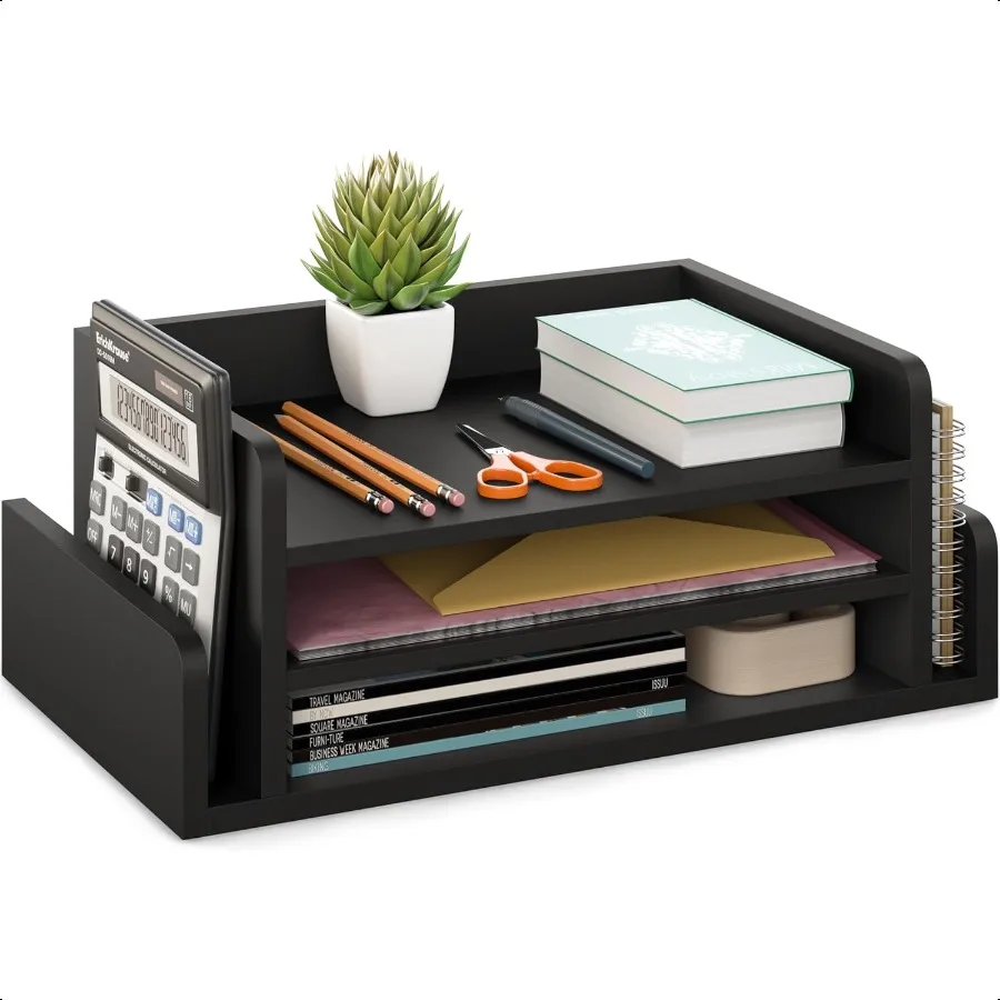 

Balli 3Tier Desk Organizer with 2 Side Mail Sorter Slots Wood Letter Tray Open Top Paper Organizer Desktop File Organizer Black