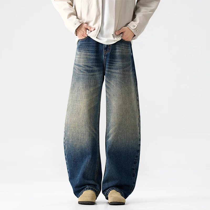 

Мужские джинсы в американском стиле, с эффектом потертости, контрастными цветами, широкими штанинами, изогнутые, с эффектом состаривания