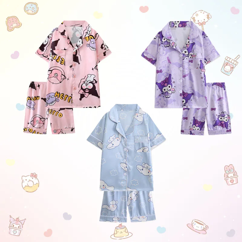 Pijamas Sanrioed Kuromi para niños y niñas, ropa de dormir de manga corta, pantalones cortos, Cinnamoroll, seda de hielo, dibujos animados, para el hogar, Verano