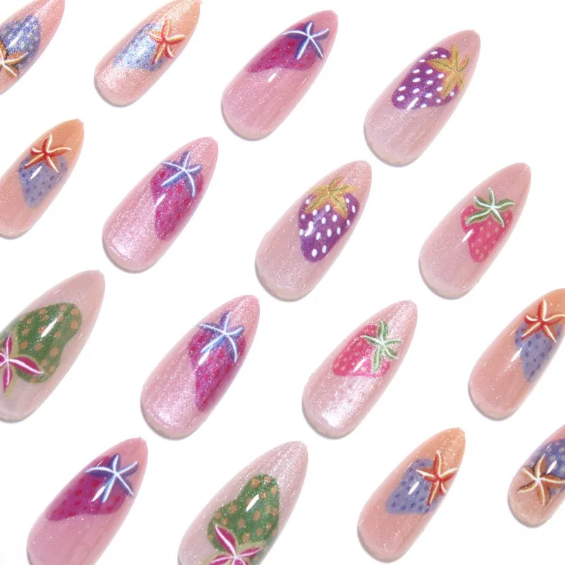 24Pcs Press-On Nails Colorful Strawberries Cat-Eye Color-Blocking Hand-Painted Fruits and Star-Shaped Design—Perfect for Girls