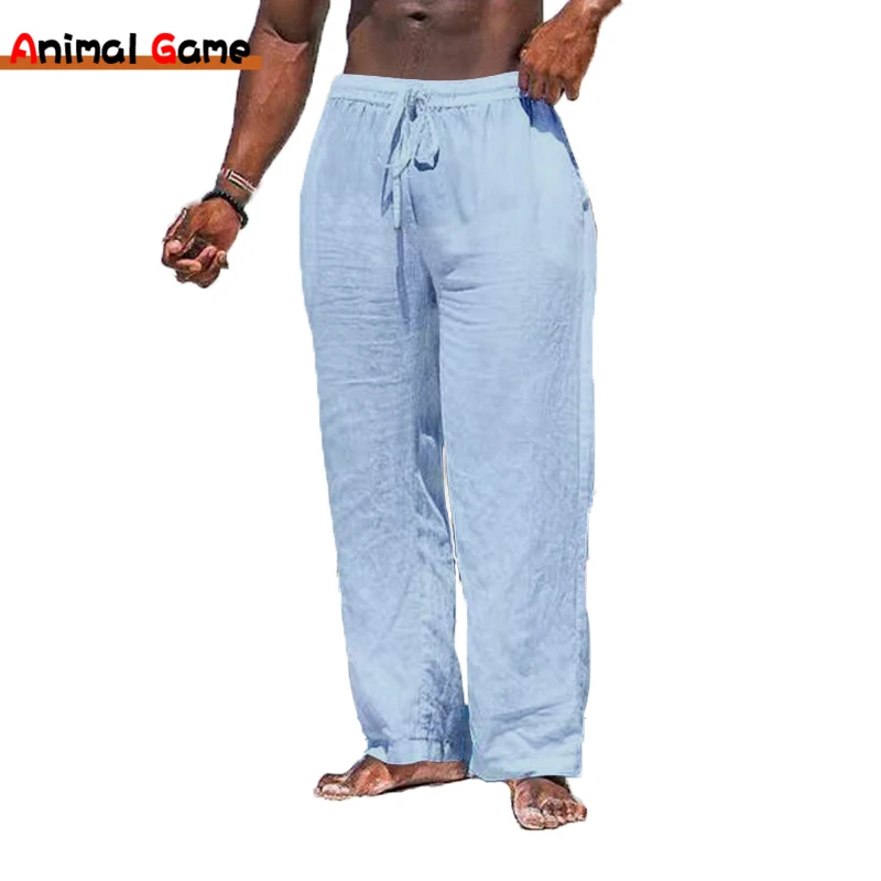 Men's Linen Pants Casual Long Pants Loose Lightweight Drawstring Yoga Beach Trousers Casual Trousers