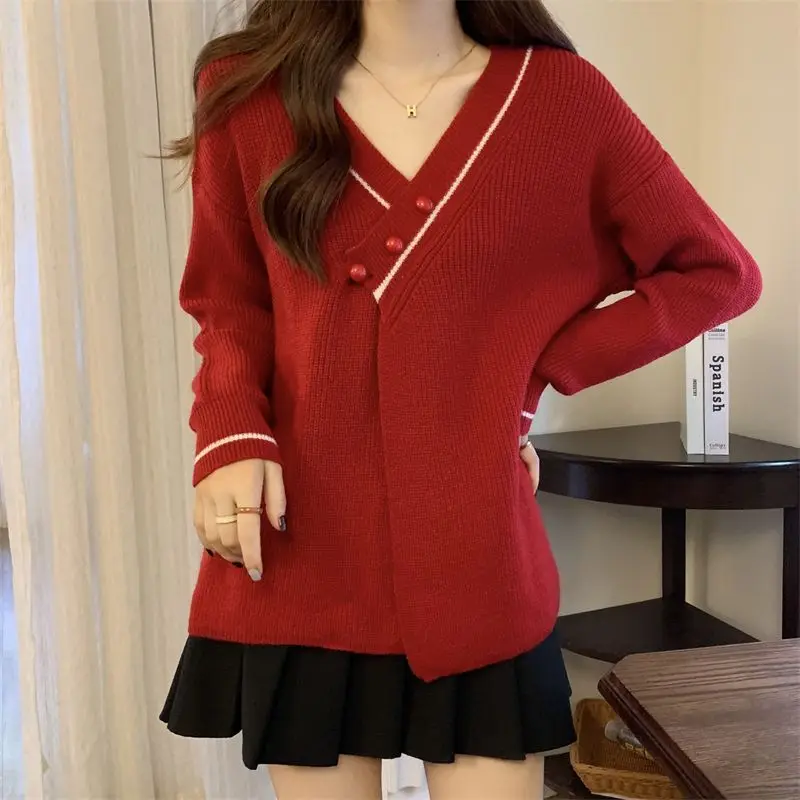 

Red V-neck Soft Glutinous Sweater for Women Autumn Winter Design Knitted Cardigan Jacket Loose Top Versatile