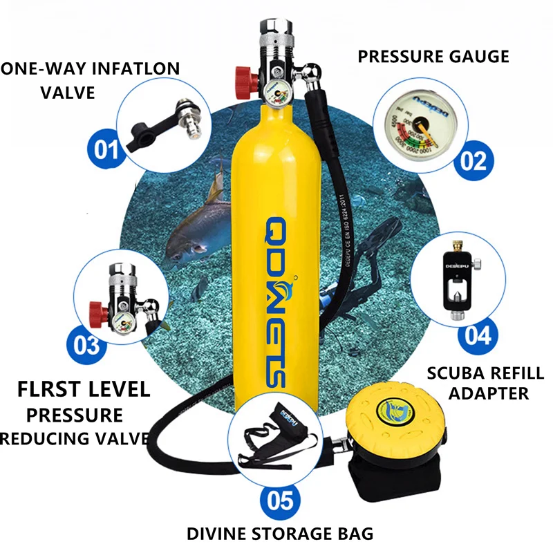 QDWETS 1L Mini Scuba Diving Tank/Equipment Oxygen Cylinder Underwater Breathing Portable Scuba Tank Kit Capacity Refillable