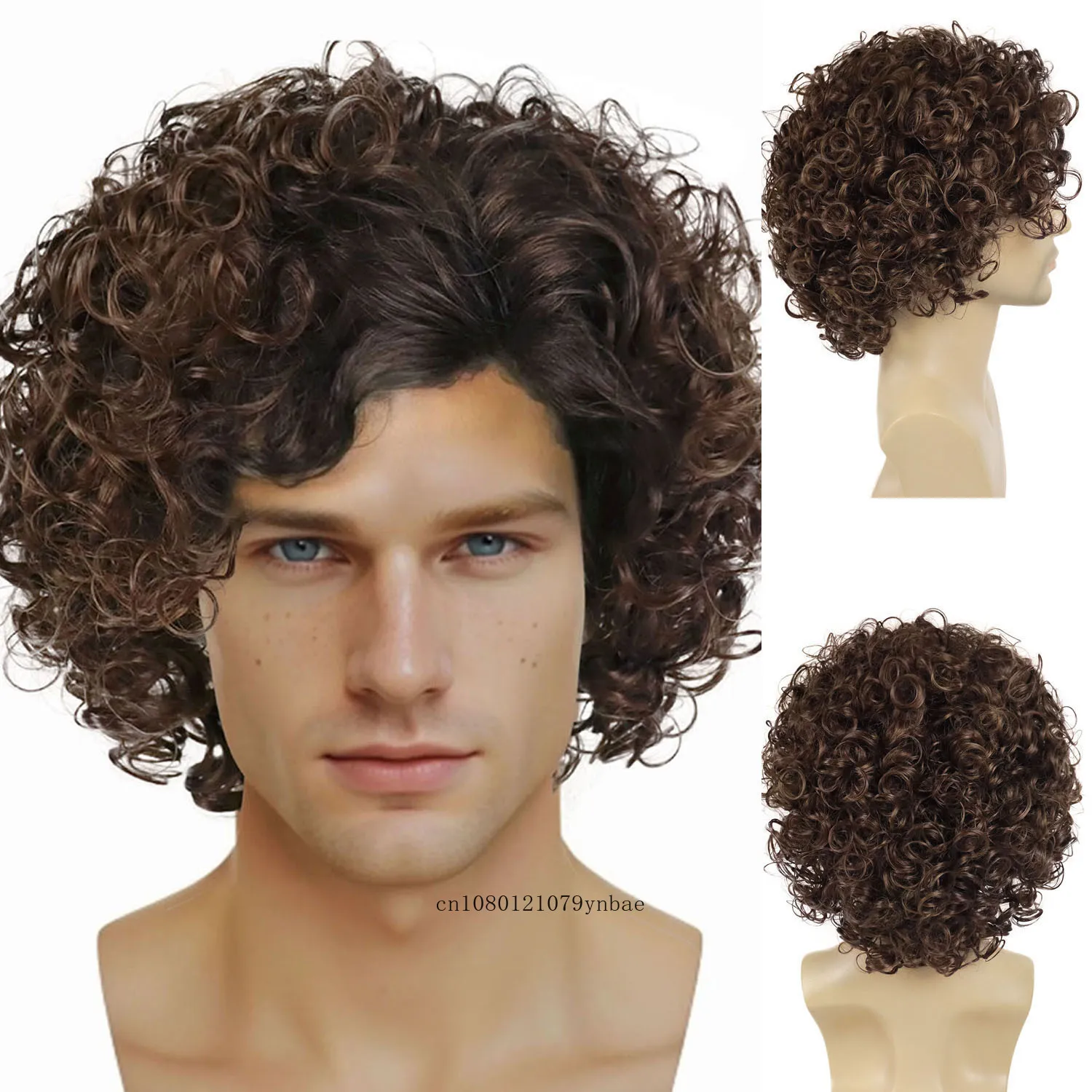 

Synthetic Loose Curly Ombre Brown Wig for Men Short Afro Wigs with Bangs European and American Wig Daily Cosplay Heat Resistant